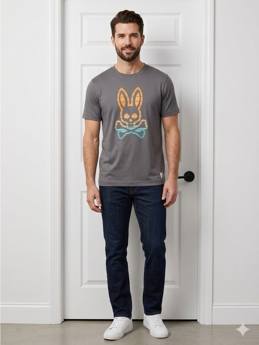 Psycho Bunny Gray Short-Sleeve Tee with Orange & Aqua Logo size 7 XL
